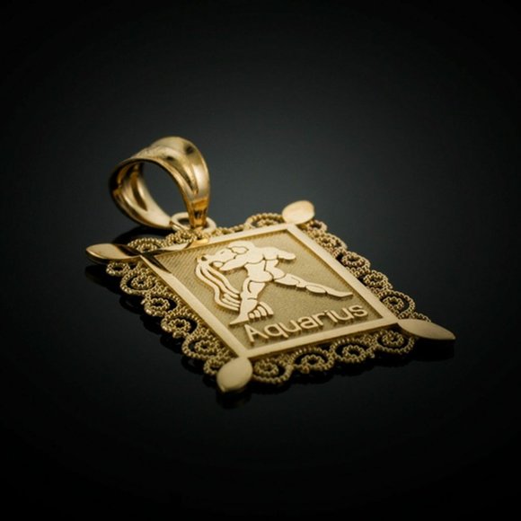 14K Solid Real Gold Aquarius Zodiac Sign Pendant